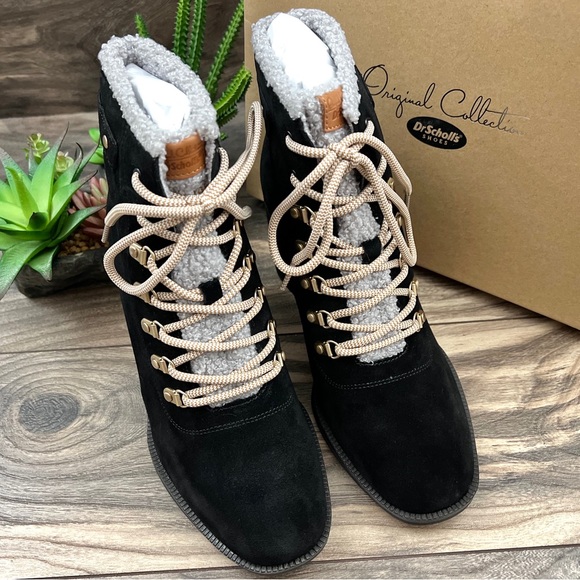 NIB Dr Scholls Loni Lace Up Combat Boots Bootie Heeled Black Suede - Picture 3 of 13